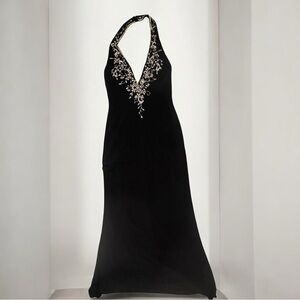 VTG Mystique Long Formal Black Elegant Beaded Halter Gown Black Tie Prom Sz 12